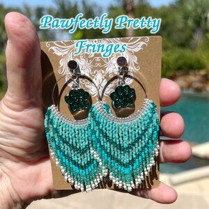 Handmade Beaded Long Fringe Paw Love Dangle Drop Lightweight Post Hoop Earrings